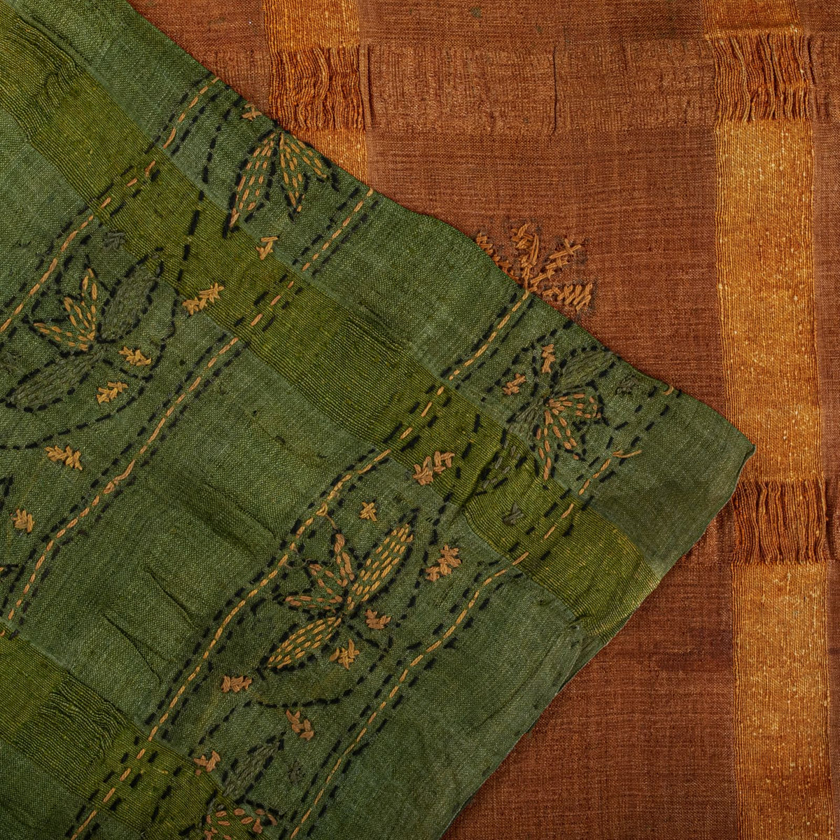 Sanskriti Vintage Hand Embroidery Kantha-Woven Pure Silk Saree Orange-Green Sari