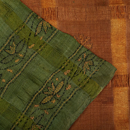 Sanskriti Vintage Hand Embroidery Kantha-Woven Pure Silk Saree Orange-Green Sari