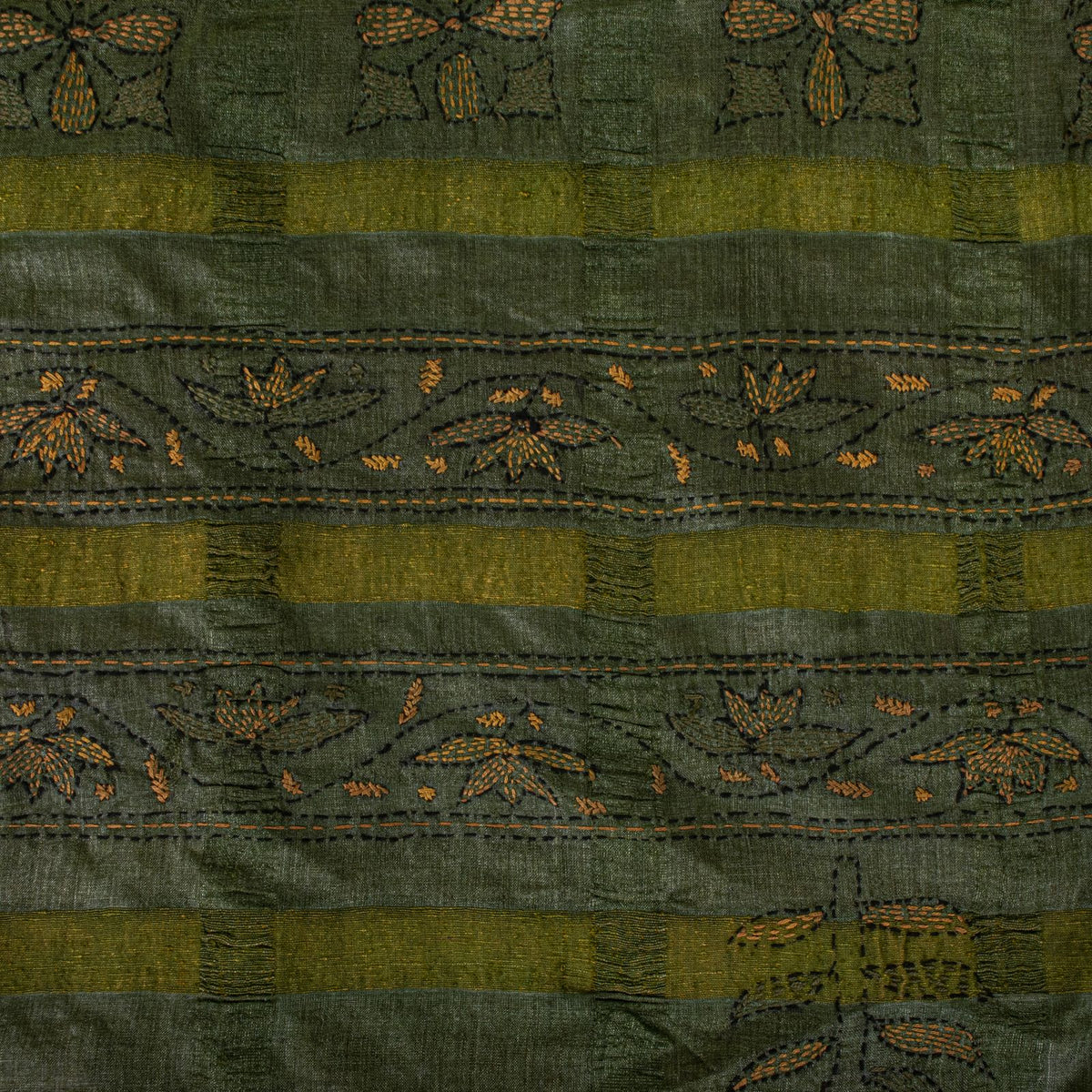 Sanskriti Vintage Hand Embroidery Kantha-Woven Pure Silk Saree Orange-Green Sari