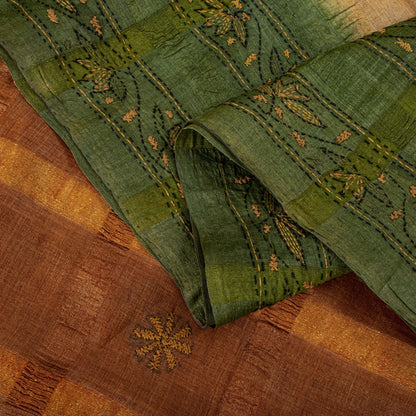Sanskriti Vintage Hand Embroidery Kantha-Woven Pure Silk Saree Orange-Green Sari