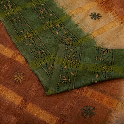 Sanskriti Vintage Hand Embroidery Kantha-Woven Pure Silk Saree Orange-Green Sari
