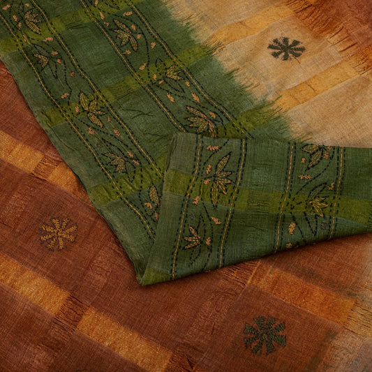 Sanskriti Vintage Hand Embroidery Kantha-Woven Pure Silk Saree Orange-Green Sari