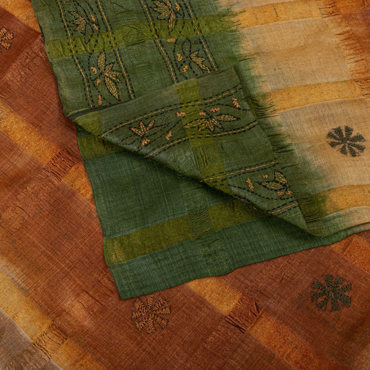 Sanskriti Vintage Hand Embroidery Kantha-Woven Pure Silk Saree Orange-Green Sari