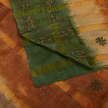 Sanskriti Vintage Hand Embroidery Kantha-Woven Pure Silk Saree Orange-Green Sari