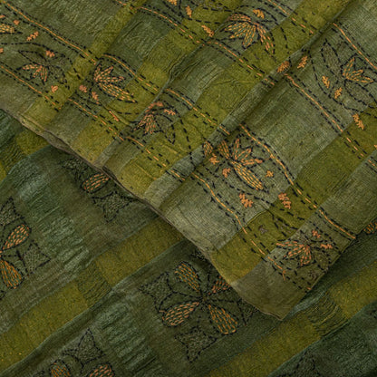 Sanskriti Vintage Hand Embroidery Kantha-Woven Pure Silk Saree Orange-Green Sari