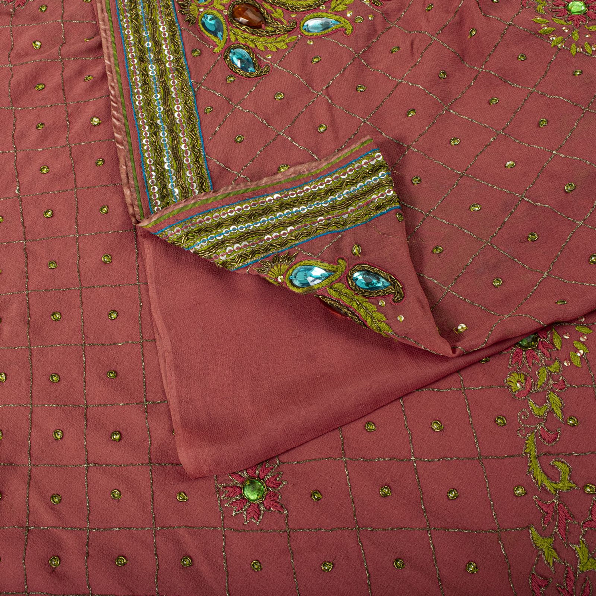 Sanskriti Vintage Hand Embroidered Pure Georgette Saree Pink Sari Craft Fabric