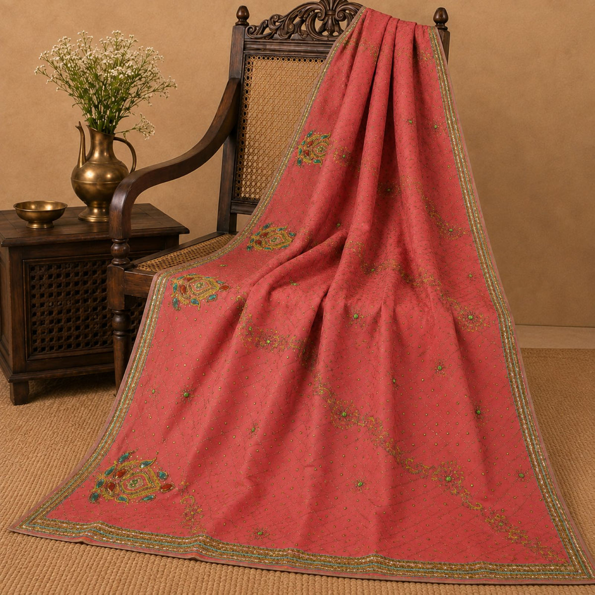 Sanskriti Vintage Hand Embroidered Pure Georgette Saree Pink Sari Craft Fabric