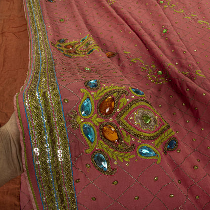 Sanskriti Vintage Hand Embroidered Pure Georgette Saree Pink Sari Craft Fabric