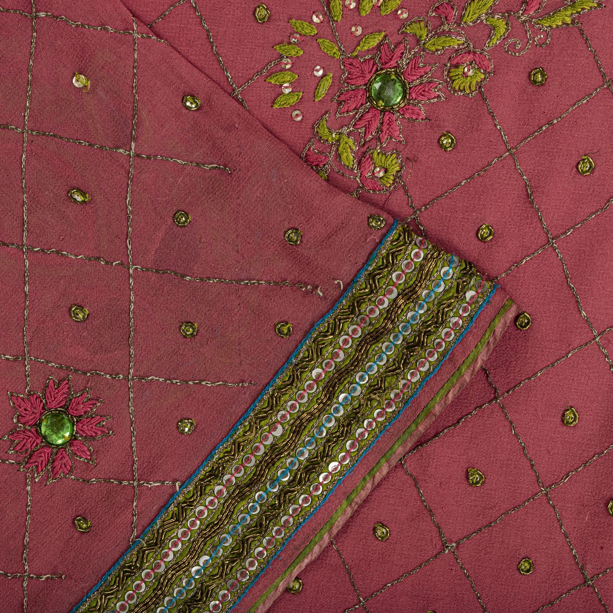 Sanskriti Vintage Hand Embroidered Pure Georgette Saree Pink Sari Craft Fabric