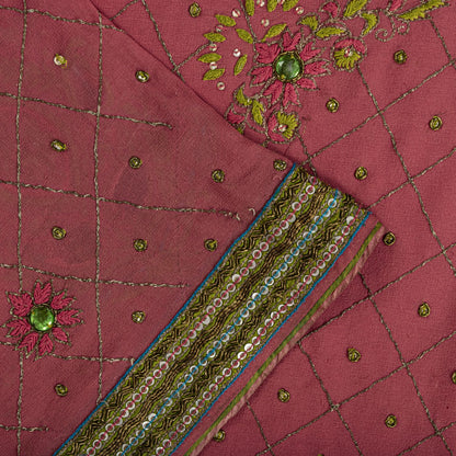 Sanskriti Vintage Hand Embroidered Pure Georgette Saree Pink Sari Craft Fabric