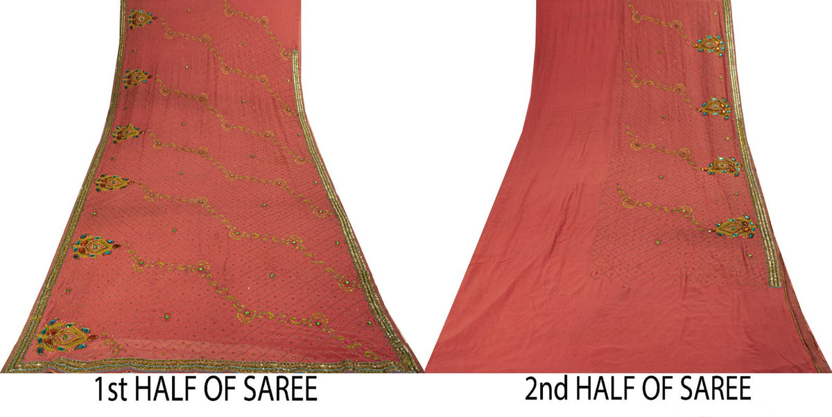 Sanskriti Vintage Hand Embroidered Pure Georgette Saree Pink Sari Craft Fabric