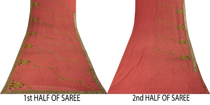 Sanskriti Vintage Hand Embroidered Pure Georgette Saree Pink Sari Craft Fabric