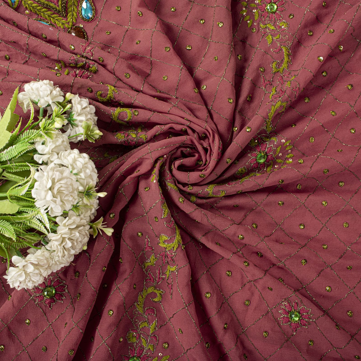 Sanskriti Vintage Hand Embroidered Pure Georgette Saree Pink Sari Craft Fabric