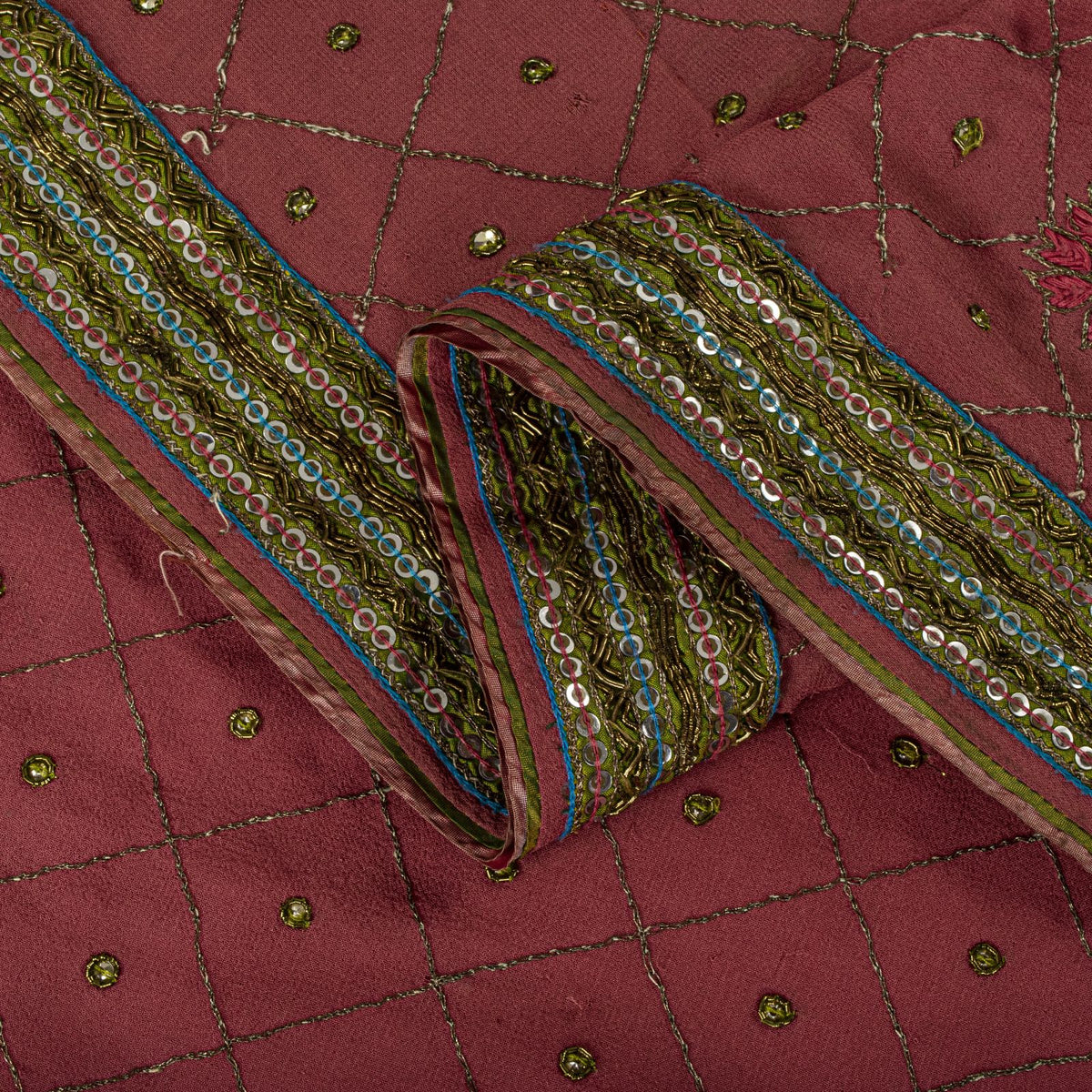 Sanskriti Vintage Hand Embroidered Pure Georgette Saree Pink Sari Craft Fabric