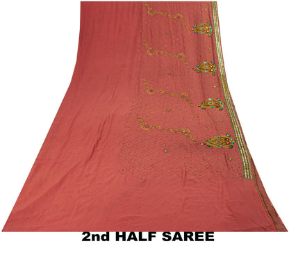 Sanskriti Vintage Hand Embroidered Pure Georgette Saree Pink Sari Craft Fabric