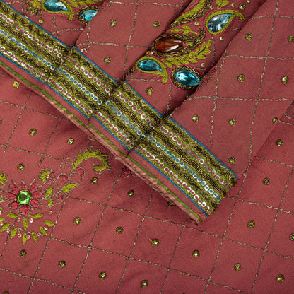 Sanskriti Vintage Hand Embroidered Pure Georgette Saree Pink Sari Craft Fabric