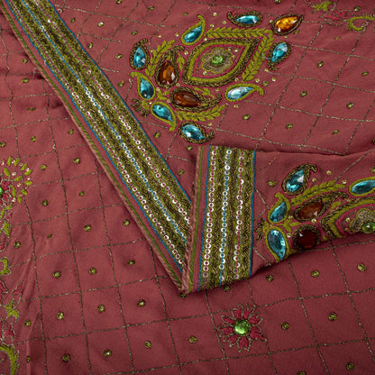 Sanskriti Vintage Hand Embroidered Pure Georgette Saree Pink Sari Craft Fabric