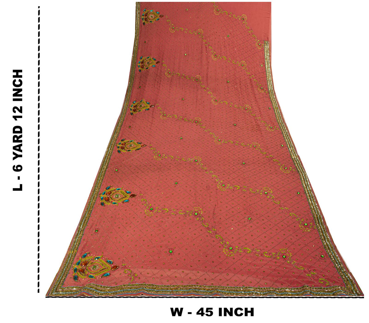 Sanskriti Vintage Hand Embroidered Pure Georgette Saree Pink Sari Craft Fabric