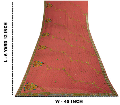 Sanskriti Vintage Hand Embroidered Pure Georgette Saree Pink Sari Craft Fabric