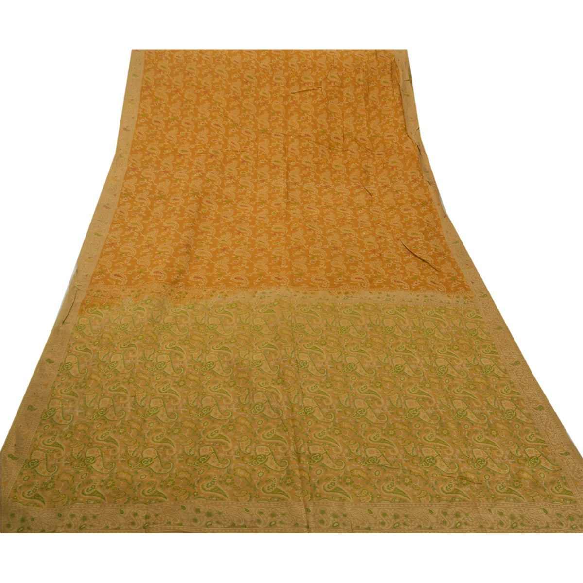 Jacquard Paisley Woven 100% Pure Silk Vintage Saree Mustard Wedding Partywear Sari 5 Yard Craft Fabric Dress Making, Upcyling By KreatvKraft