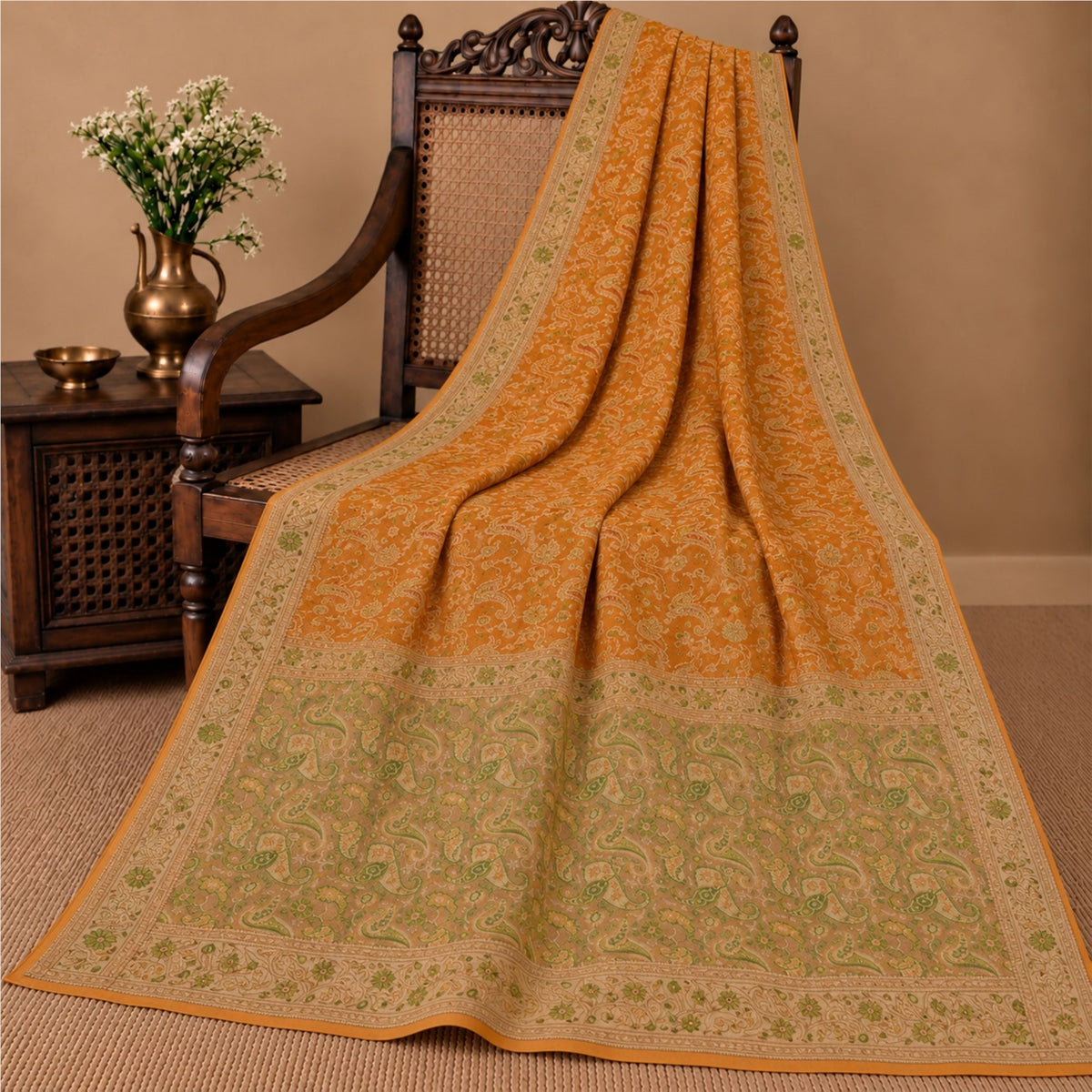 Jacquard Paisley Woven 100% Pure Silk Vintage Saree Mustard Wedding Partywear Sari 5 Yard Craft Fabric Dress Making, Upcyling By KreatvKraft