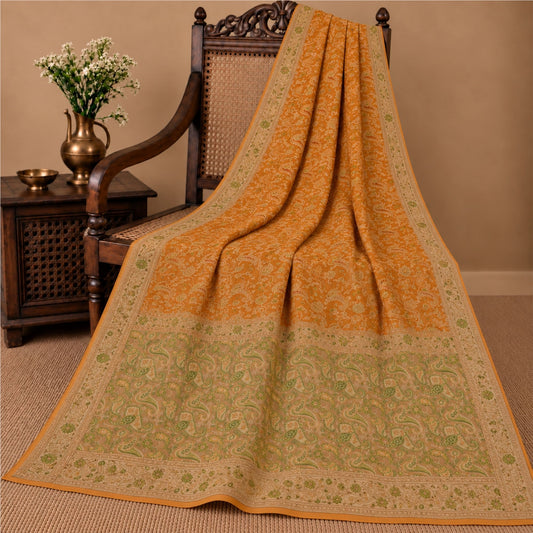 Jacquard Paisley Woven 100% Pure Silk Vintage Saree Mustard Wedding Partywear Sari 5 Yard Craft Fabric Dress Making, Upcyling By KreatvKraft