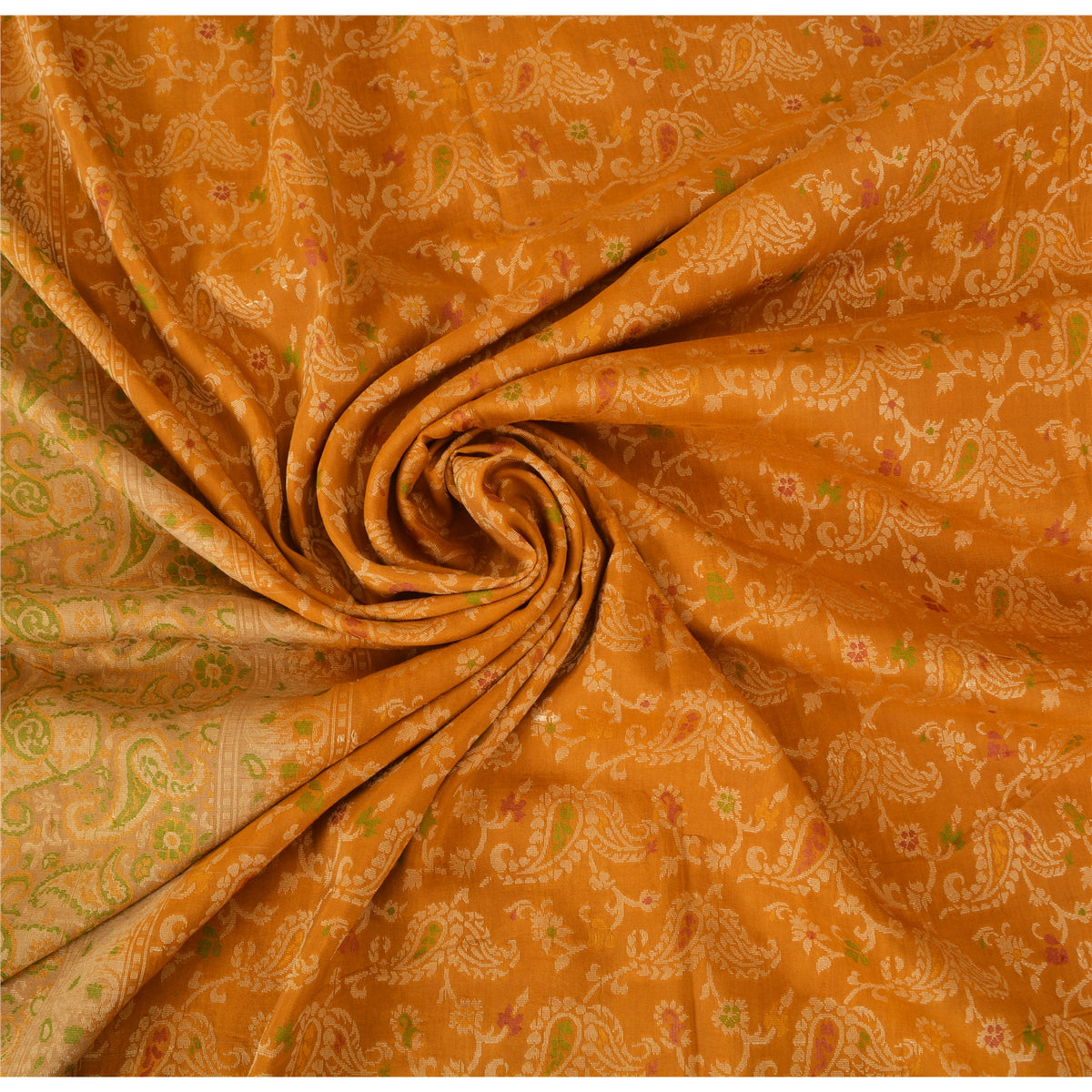Jacquard Paisley Woven 100% Pure Silk Vintage Saree Mustard Wedding Partywear Sari 5 Yard Craft Fabric Dress Making, Upcyling By KreatvKraft