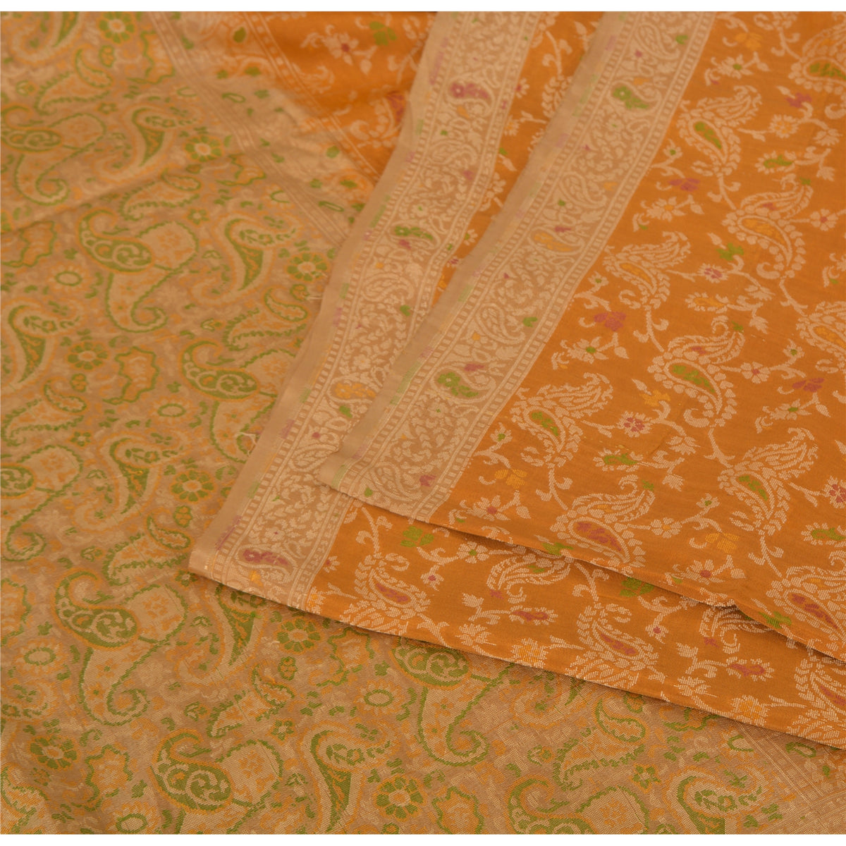 Jacquard Paisley Woven 100% Pure Silk Vintage Saree Mustard Wedding Partywear Sari 5 Yard Craft Fabric Dress Making, Upcyling By KreatvKraft