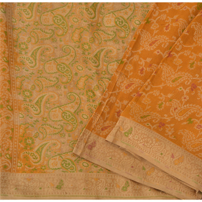 Jacquard Paisley Woven 100% Pure Silk Vintage Saree Mustard Wedding Partywear Sari 5 Yard Craft Fabric Dress Making, Upcyling By KreatvKraft