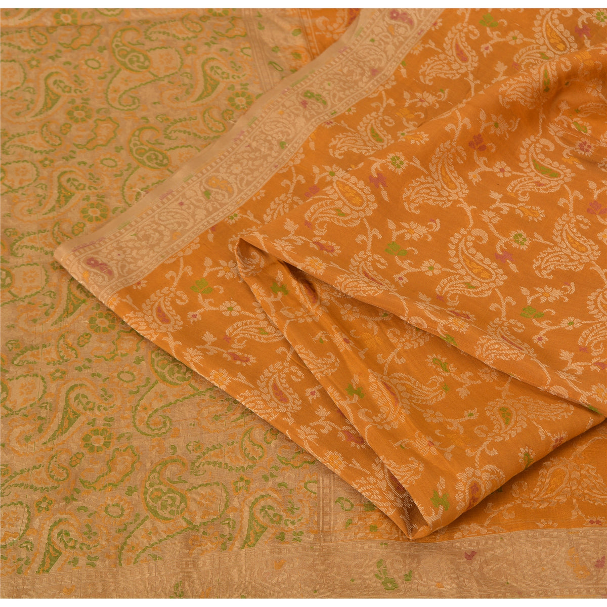 Jacquard Paisley Woven 100% Pure Silk Vintage Saree Mustard Wedding Partywear Sari 5 Yard Craft Fabric Dress Making, Upcyling By KreatvKraft