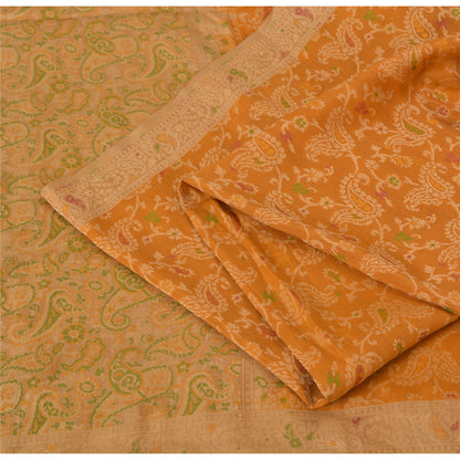 Jacquard Paisley Woven 100% Pure Silk Vintage Saree Mustard Wedding Partywear Sari 5 Yard Craft Fabric Dress Making, Upcyling By KreatvKraft