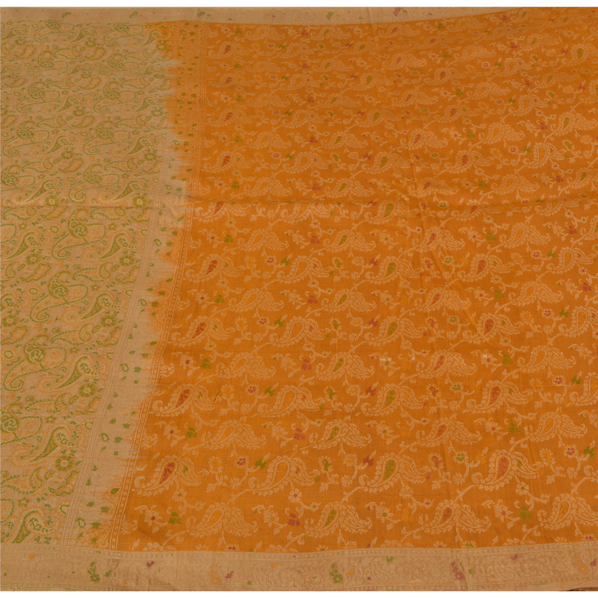 Jacquard Paisley Woven 100% Pure Silk Vintage Saree Mustard Wedding Partywear Sari 5 Yard Craft Fabric Dress Making, Upcyling By KreatvKraft