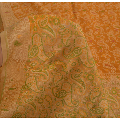 Jacquard Paisley Woven 100% Pure Silk Vintage Saree Mustard Wedding Partywear Sari 5 Yard Craft Fabric Dress Making, Upcyling By KreatvKraft