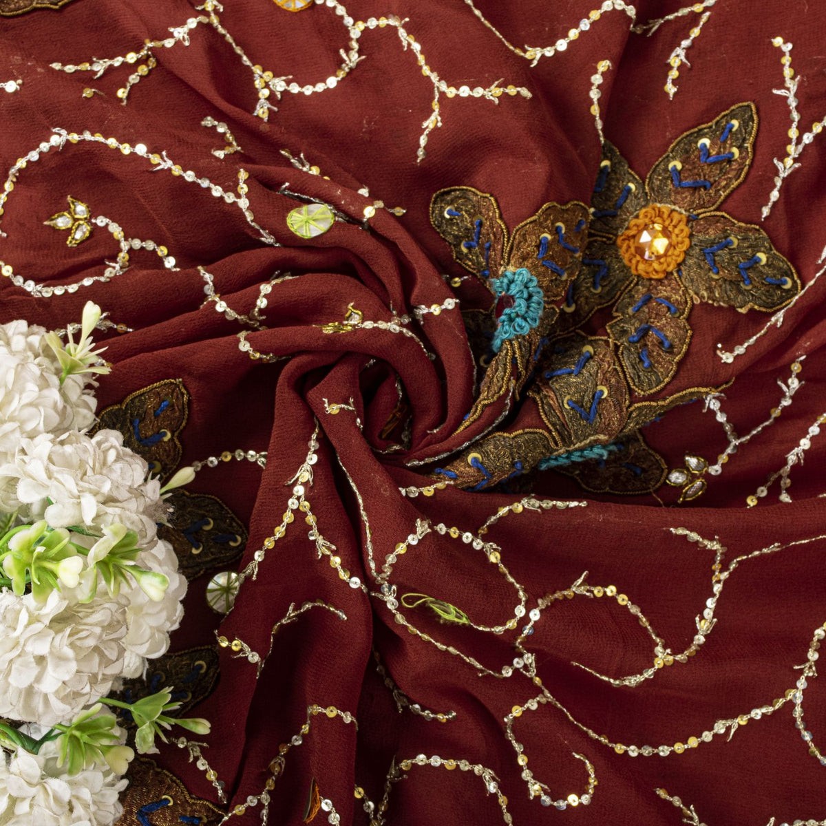 Hand Embroidered Gota Patti Vintage Saree Brown Pure Georgette 5.5+Yard Sari Craft Fabric Wedding Partywear Indian Dressing By KreatvKraft
