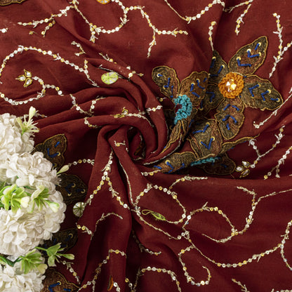 Hand Embroidered Gota Patti Vintage Saree Brown Pure Georgette 5.5+Yard Sari Craft Fabric Wedding Partywear Indian Dressing By KreatvKraft