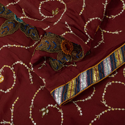Hand Embroidered Gota Patti Vintage Saree Brown Pure Georgette 5.5+Yard Sari Craft Fabric Wedding Partywear Indian Dressing By KreatvKraft