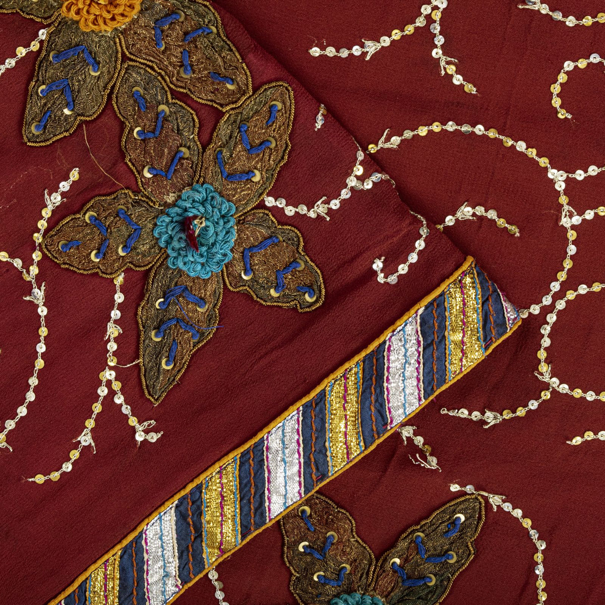 Hand Embroidered Gota Patti Vintage Saree Brown Pure Georgette 5.5+Yard Sari Craft Fabric Wedding Partywear Indian Dressing By KreatvKraft
