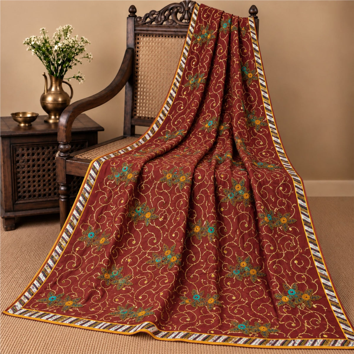 Hand Embroidered Gota Patti Vintage Saree Brown Pure Georgette 5.5+Yard Sari Craft Fabric Wedding Partywear Indian Dressing By KreatvKraft