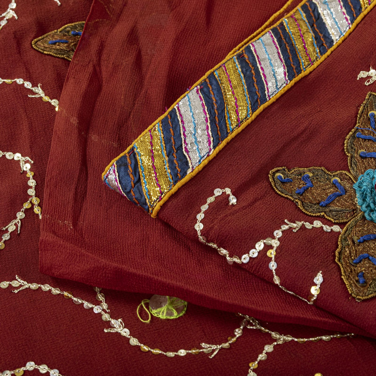 Hand Embroidered Gota Patti Vintage Saree Brown Pure Georgette 5.5+Yard Sari Craft Fabric Wedding Partywear Indian Dressing By KreatvKraft