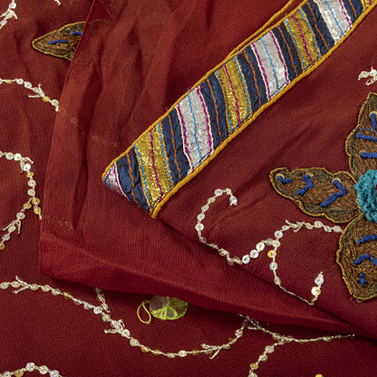Hand Embroidered Gota Patti Vintage Saree Brown Pure Georgette 5.5+Yard Sari Craft Fabric Wedding Partywear Indian Dressing By KreatvKraft