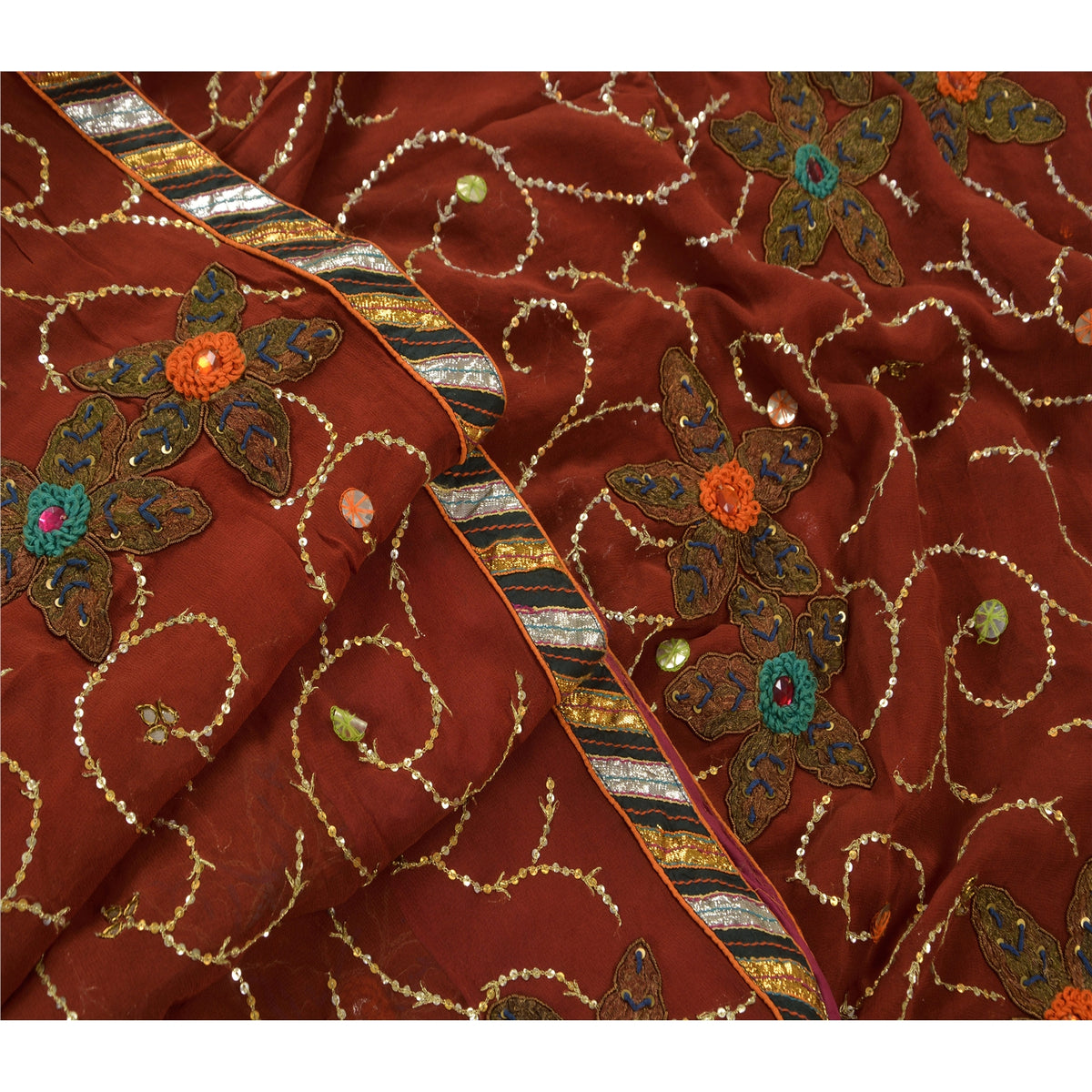 Hand Embroidered Gota Patti Vintage Saree Brown Pure Georgette 5.5+Yard Sari Craft Fabric Wedding Partywear Indian Dressing By KreatvKraft