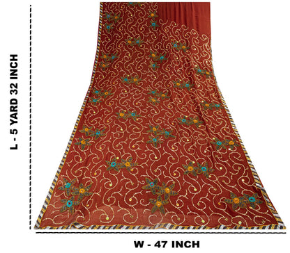 Hand Embroidered Gota Patti Vintage Saree Brown Pure Georgette 5.5+Yard Sari Craft Fabric Wedding Partywear Indian Dressing By KreatvKraft
