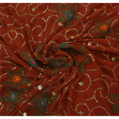 Hand Embroidered Gota Patti Vintage Saree Brown Pure Georgette 5.5+Yard Sari Craft Fabric Wedding Partywear Indian Dressing By KreatvKraft