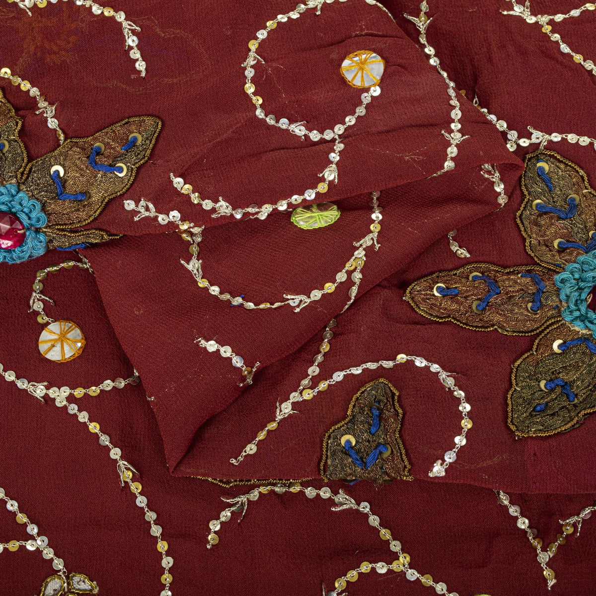 Hand Embroidered Gota Patti Vintage Saree Brown Pure Georgette 5.5+Yard Sari Craft Fabric Wedding Partywear Indian Dressing By KreatvKraft