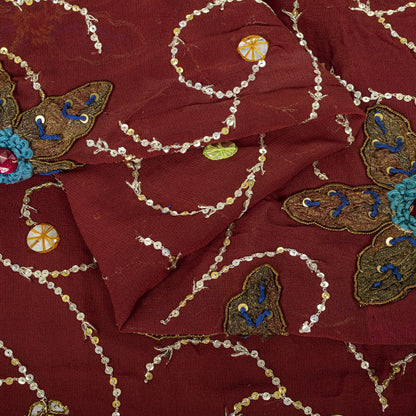 Hand Embroidered Gota Patti Vintage Saree Brown Pure Georgette 5.5+Yard Sari Craft Fabric Wedding Partywear Indian Dressing By KreatvKraft