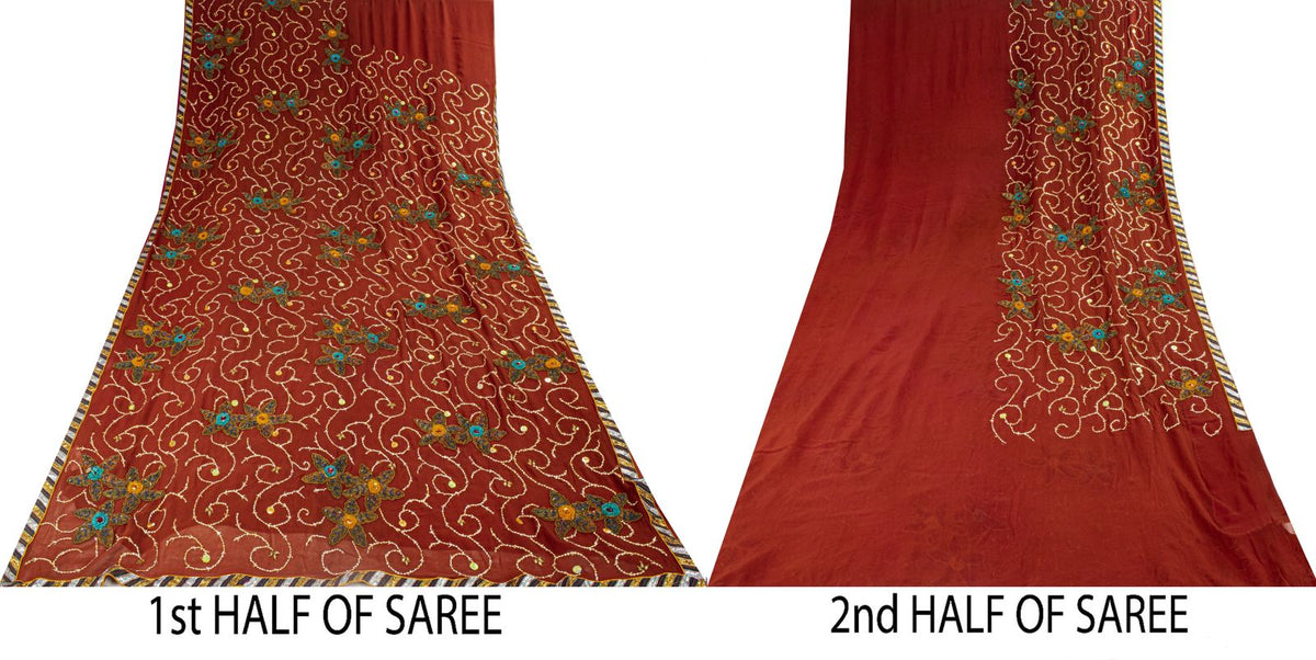 Hand Embroidered Gota Patti Vintage Saree Brown Pure Georgette 5.5+Yard Sari Craft Fabric Wedding Partywear Indian Dressing By KreatvKraft