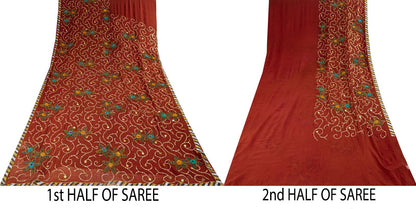 Hand Embroidered Gota Patti Vintage Saree Brown Pure Georgette 5.5+Yard Sari Craft Fabric Wedding Partywear Indian Dressing By KreatvKraft
