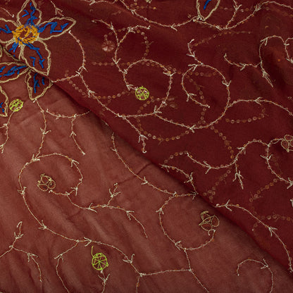 Hand Embroidered Gota Patti Vintage Saree Brown Pure Georgette 5.5+Yard Sari Craft Fabric Wedding Partywear Indian Dressing By KreatvKraft