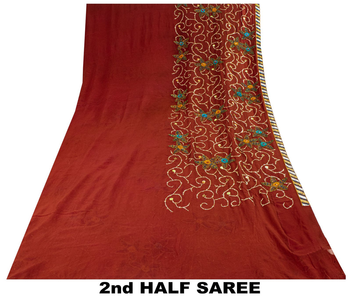 Hand Embroidered Gota Patti Vintage Saree Brown Pure Georgette 5.5+Yard Sari Craft Fabric Wedding Partywear Indian Dressing By KreatvKraft