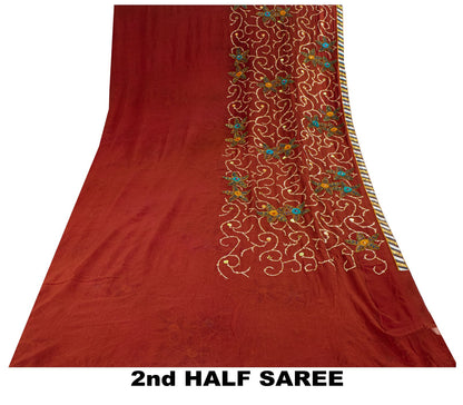 Hand Embroidered Gota Patti Vintage Saree Brown Pure Georgette 5.5+Yard Sari Craft Fabric Wedding Partywear Indian Dressing By KreatvKraft